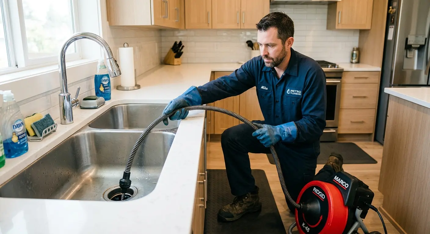 Drain cleaning technician using a motorized snake on a kitchen sink in Indian Hills