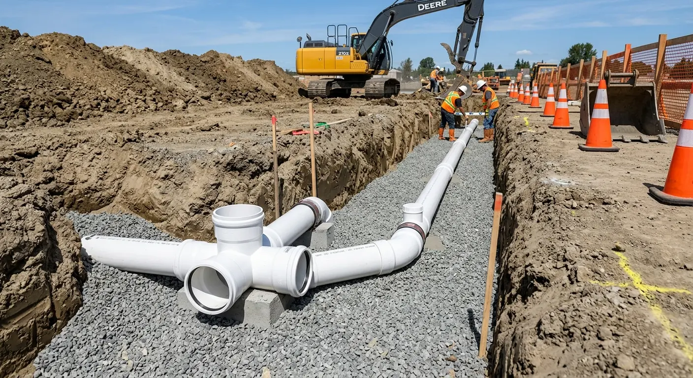 New PVC sewer pipe installation in open trench for Commercial Drain Cleaning in Indian Hills