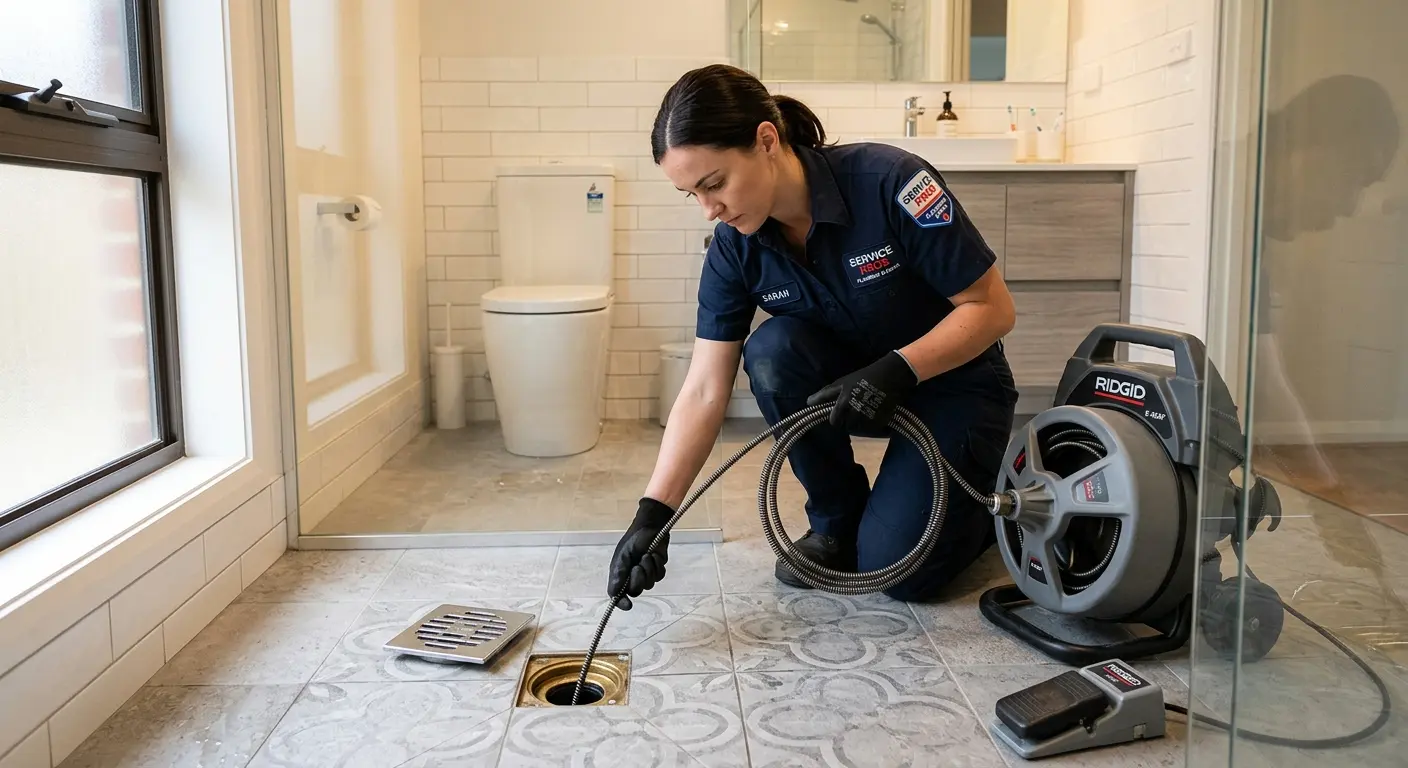 Technician clearing a bathroom floor drain for Hydro Jetting in Indian Hills
